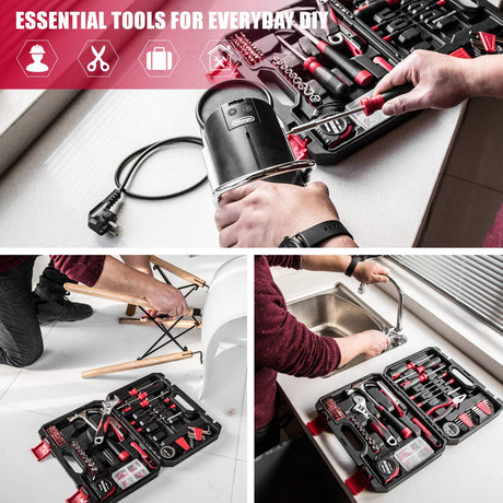 Eastvolt 128-Piece Home Repair Tool Set, Tool Sets for Homeowners, General Household Hand Tool Set with Storage Toolbox, EVHT12801, Black + Red (ASK01) Eastvolt