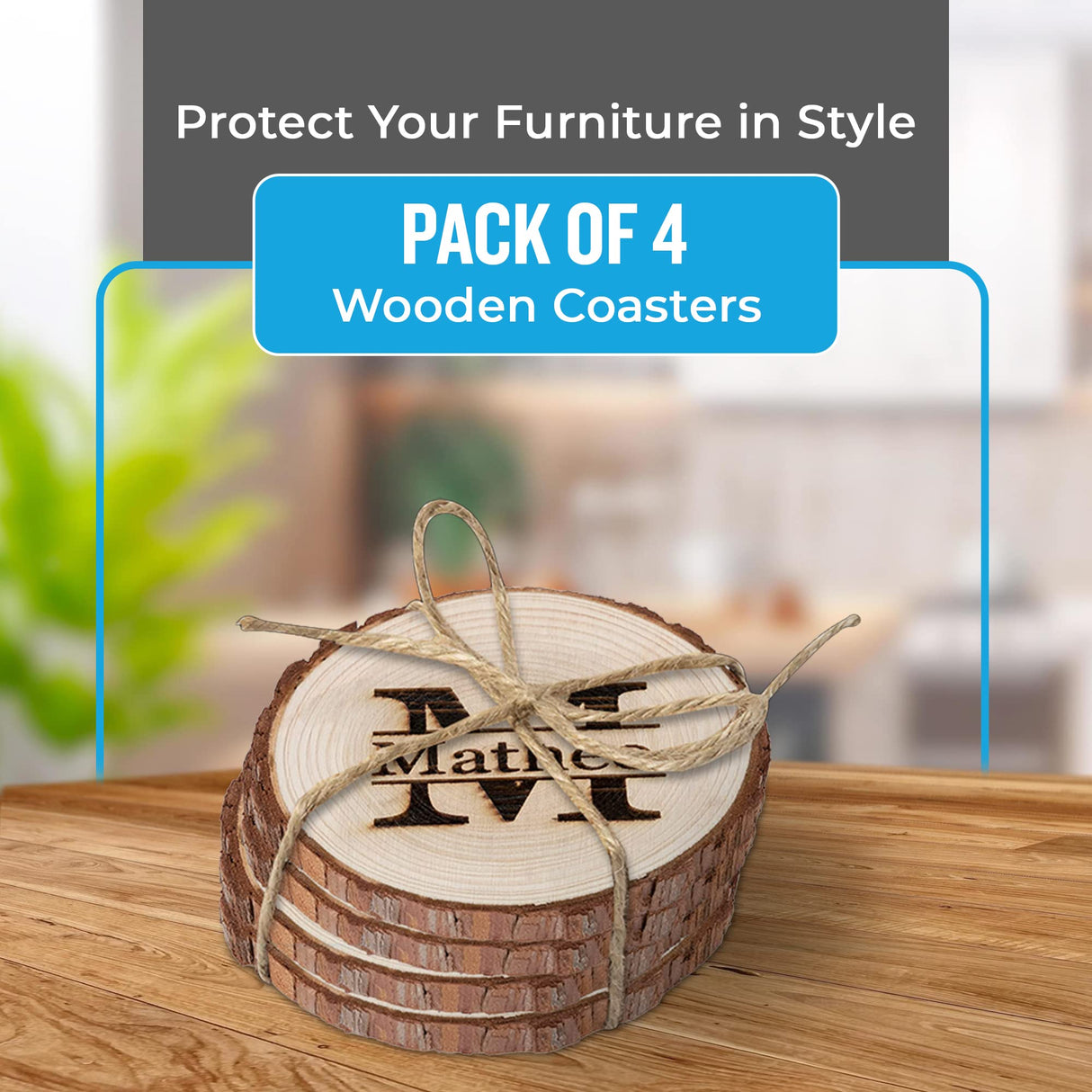 Personalized Coasters 2-Pack - Monogrammed Wooden Coasters for Drinks - Set of 2 Cup Coasters for Table - Premium Wood Coaster Set for Housewarming, Wedding Personalized Gifts Personalized Passion