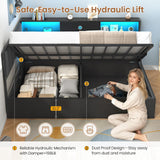Hasuit Corner Full Lift Up Storage Bed Frame with Charging Station & LED Lights, Full Day Bed with Upholstered Headboard and Bookcase, Corner Beds with Hydraulic for Kids Teens Guests, Black Hasuit