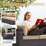 Gotland 8 Pieces Patio Furniture Set with 55000BTU Fire Pit Table, 6 Seater Wicker Patio Set with 29.5'' High Backrest Thick Cushions 1 Coffee Tables for Porch, Deck, Garden Khaki Gotland