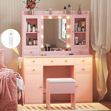 HUANLEGO Vanity Desk with Mirror and Lights, Pink Vanity Mirror with Lights Desk and Chair &7 Drawers, Cabinets Makeup Vanity Table with with Stool for Bedroom 3 Lights Mode and Brightness Adjusted HUANLEGO