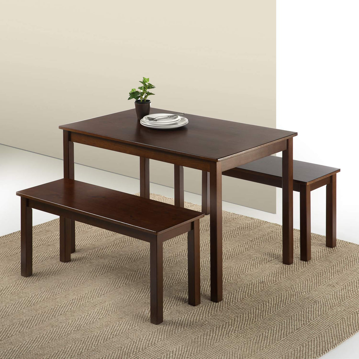Zinus Juliet Espresso Wood Dining Table with Two Benches / 3 Piece Set, Table and Bench Set Zinus