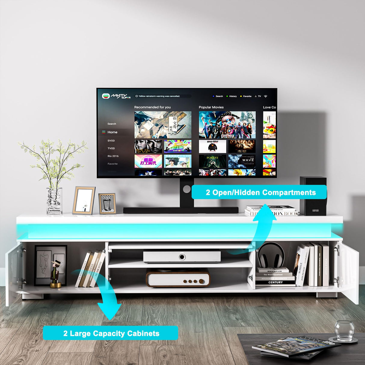 Algglobuy Low TV Stand for TVs up to 80 Inches with LED Lights, Entertainment Center TV Console Table with Storage and Power Outlet, High Gloss TV Stands for Living Room, Bedroom (White) Algglobuy