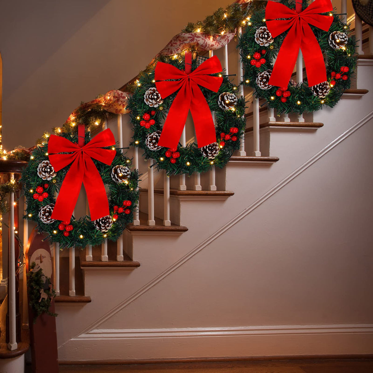 4 Pcs Lighted Christmas Wreaths, 13 Inch Pre Lit Small Xmas Wreath with Large Bow, Pine Needle Wreath with LED Lights Battery Operated Xmas Ornaments for Front Door Wall Christmas Party Decor (Red) Cindeer