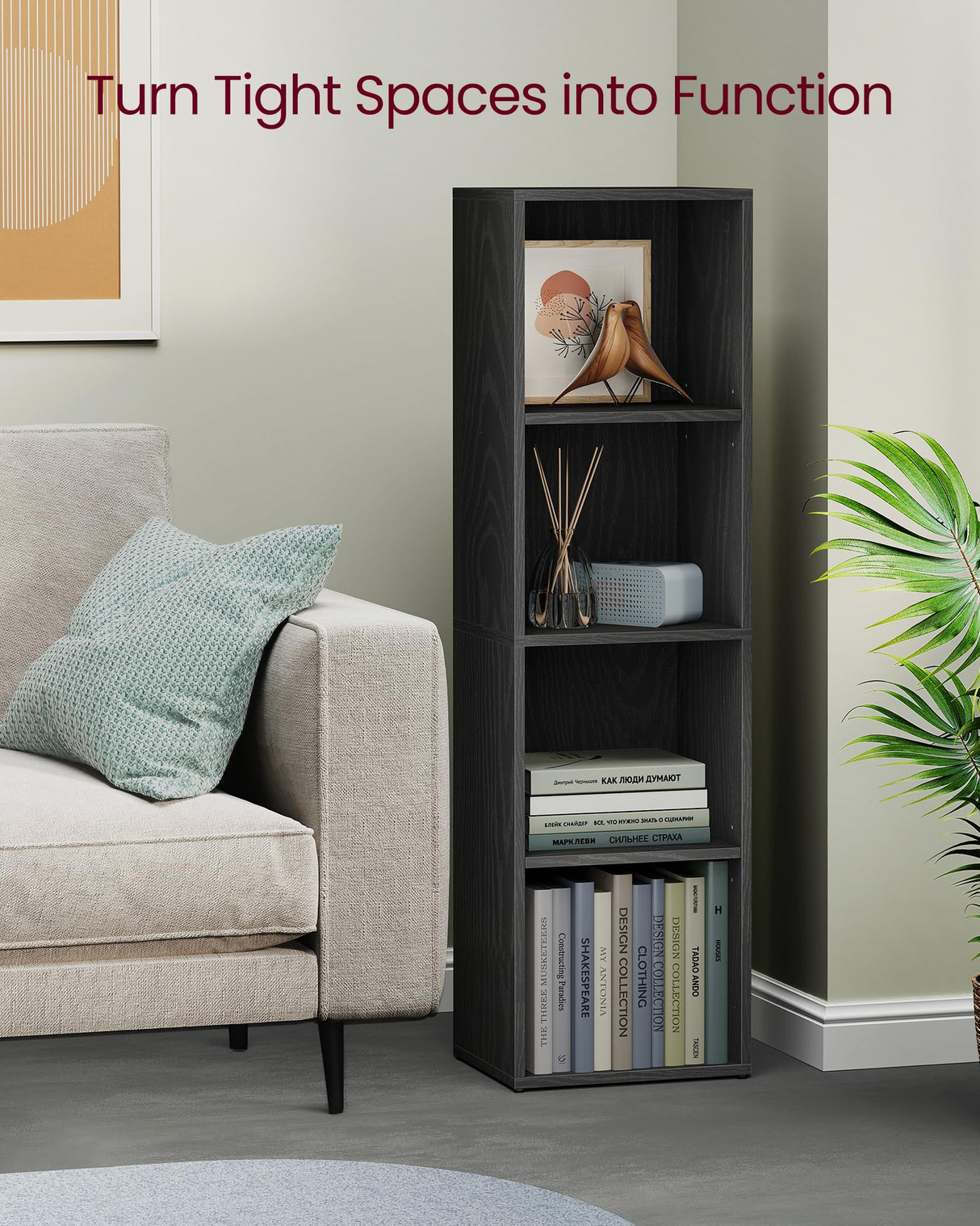 VASAGLE Custos Collection - Bookshelf, 4-Tier Bookcase, Book Shelf, Open Storage Shelf, 9.4 x 11.8 x 41.7 Inches, for Living Room, Home Office, Dining Room, Ebony Black ULBC434B01 VASAGLE