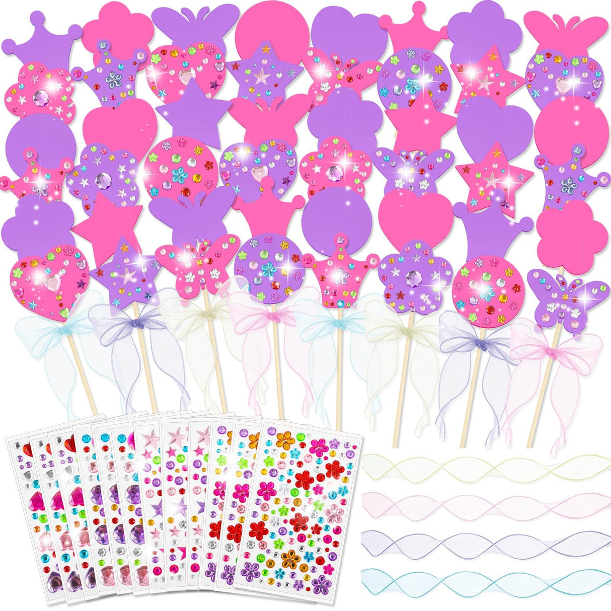 Juexica 20 Pcs Princess Fairy Wands Kit Include 6 Styles Unfinished Wooden Princess Accessories, 4 Pcs Gem Stickers, 4 Rolls Ribbons Make Your Own Fairy Wands for Kids Birthday Party (Pink, Purple) Juexica