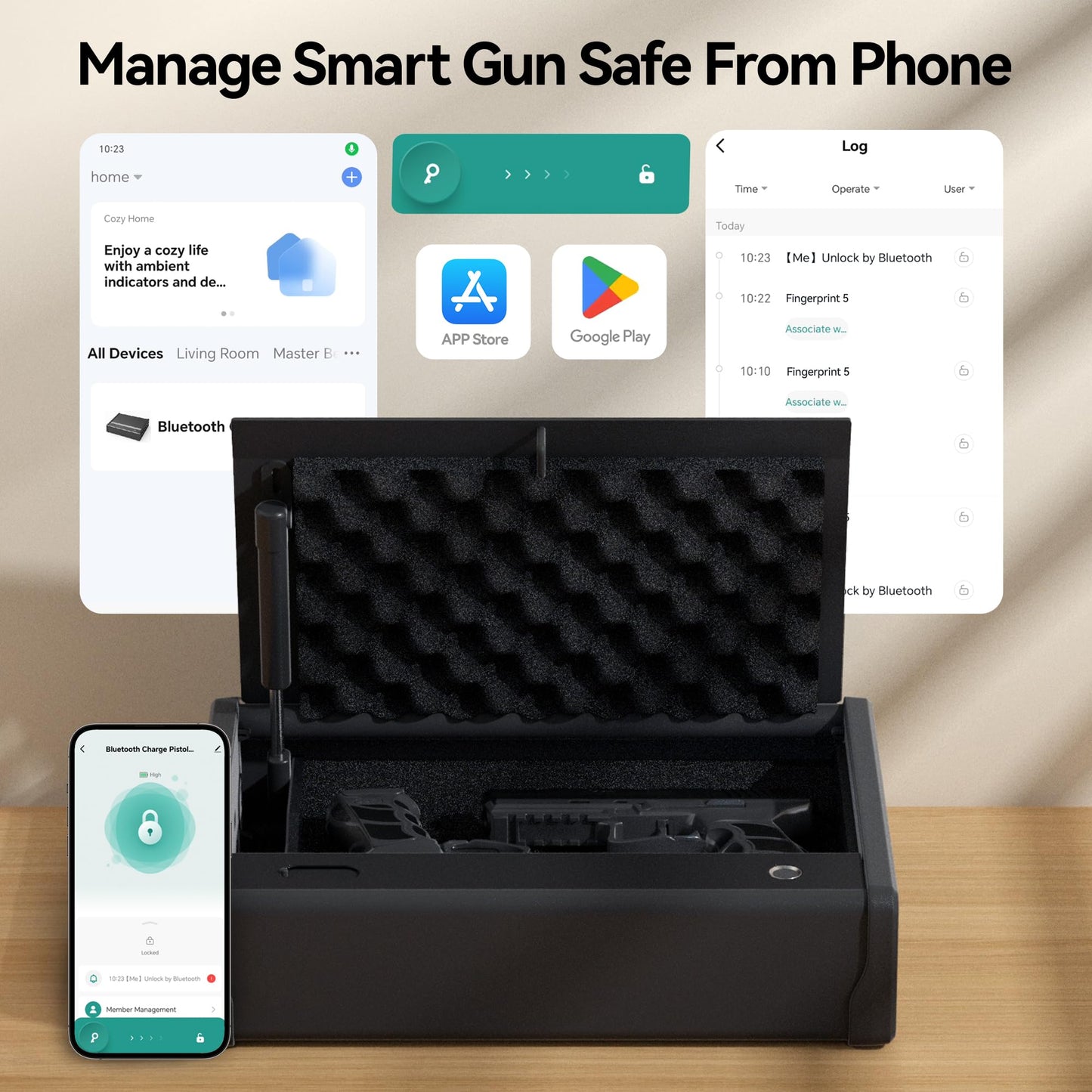 NASTAIS Biometric Fingerprint Gun Safe Pistol Safe 4 Ways 0.1S Quick Access, Fingerprint/Passcode/Key/App Unlock with Rechargeable Battery, Large Capacity Handgun Safe for 2 Pistols