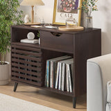 Lisicues Record Player Stand, Vinyl Record Cabinet with Power Outlet Holds Up to 200 Albums, Turntable Stand Table, Fluted Sliding Door, Living Room(Walnut) Lisicues