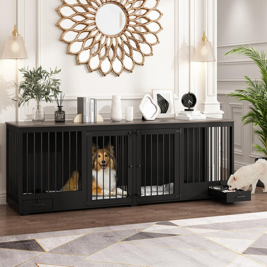 DAWNSPACES Furniture Style Large Dog Crate for 2 Dogs, 86.6" Heavy Duty Wooden Dog Kennel with Dog Bowl Drawers & Divider, Indoor Furniture Style Dog Kennel for Large Medium Dogs, Black