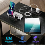 Furologee Nightstands Set of 2, End Tables with Charging Station and LED Lights, Black Night Stands with 2 Fabric Drawers, Bedside Tables Set of 2 for Living Room/Bedroom,Black Oak Furologee