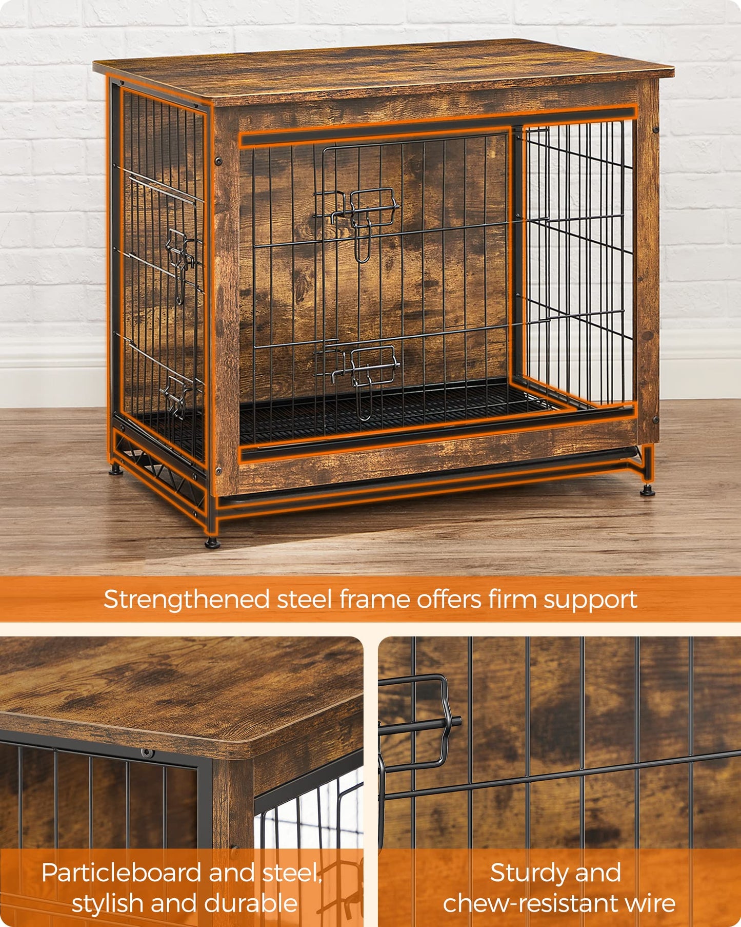 Feandrea Dog Crate Furniture, Side End Table, Modern Kennel for Dogs Indoor up to 30 lb, Heavy-Duty Dog Cage with Multi-Purpose Removable Tray, Double-Door Dog House, Rustic Brown UPFC001X01 - WoodArtSupply