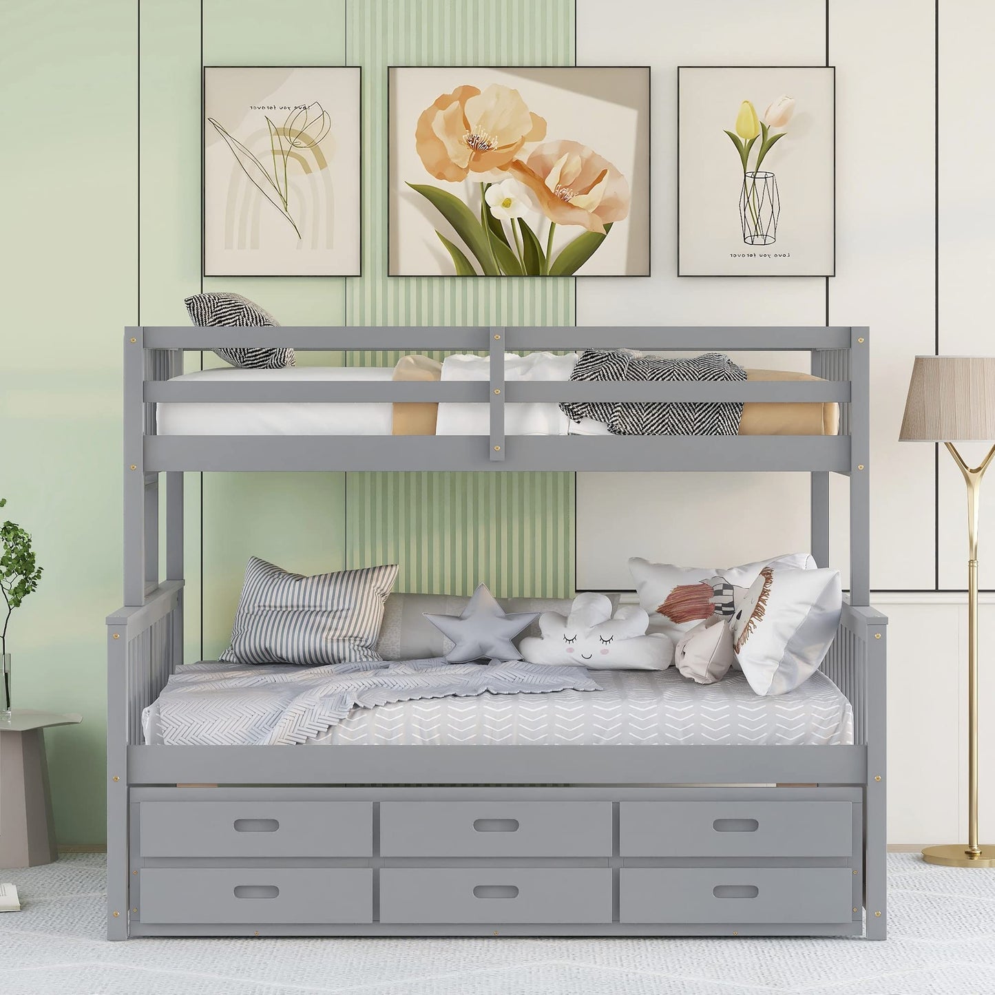 Harper & Bright Designs Grey Twin Over Full Bunk Bed with Trundle and Storage Drawers - WoodArtSupply