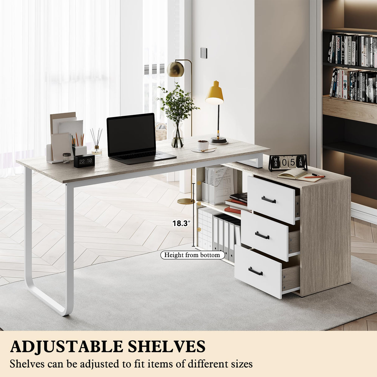 ARTPOWER L Shaped Computer Desk with 3 Drawers and Shelf,55" Large Home Office Corner Desk with Storage Cabinet,Computer Table for PC Executive Writing Study Work,Reversible Gaming Desk,Walnut ARTPOWER