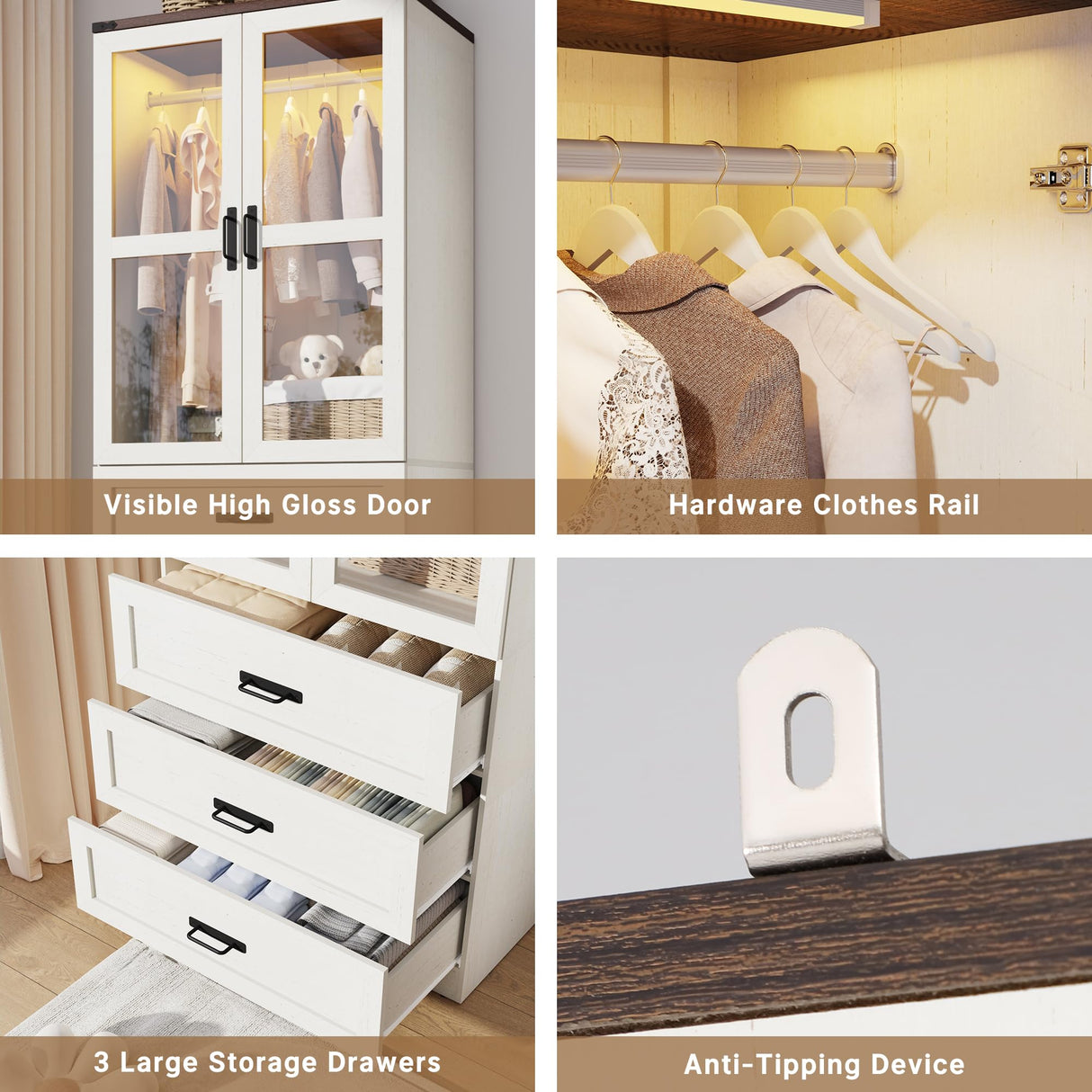 75" Tall Farmhouse 2 Doors Armoire Wardrobe Closet with 3 Drawers and LED,Freestanding Closet Wardrobe Cabinet for Bedroom with Hanging Rod,Wooden Armoire Storage Cabinet Adjustable(Rustic Off White) Hlivelood