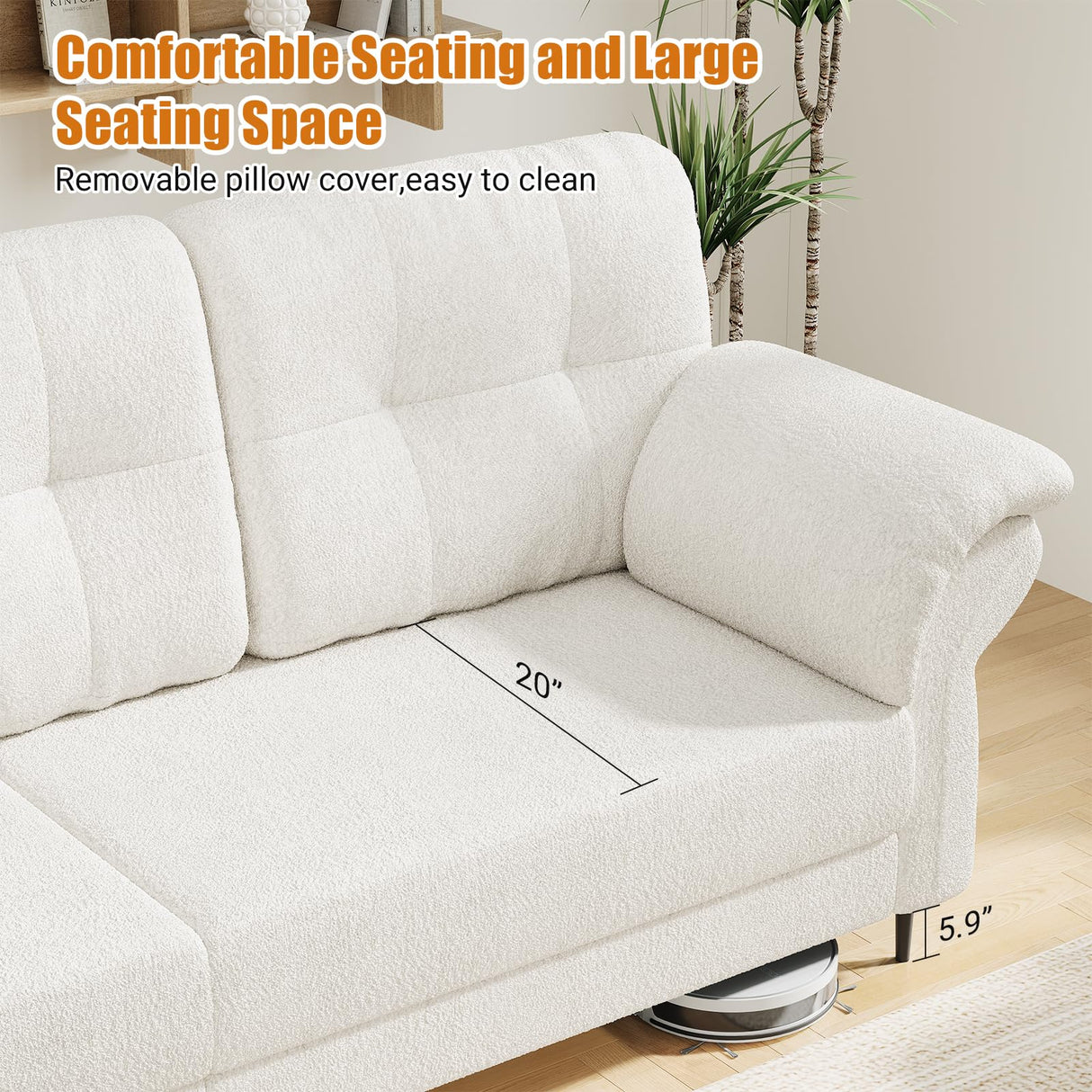 GarveeHome 83.5" Sofa for Living Room,Modern Sofa Couch- 3 Seater Sofa with Removable Pillows,Comfy Sofa Couch with Wide Seats,Teddy Fleece Sofa,Couch for Living Room Apartment Lounge,White GarveeHome