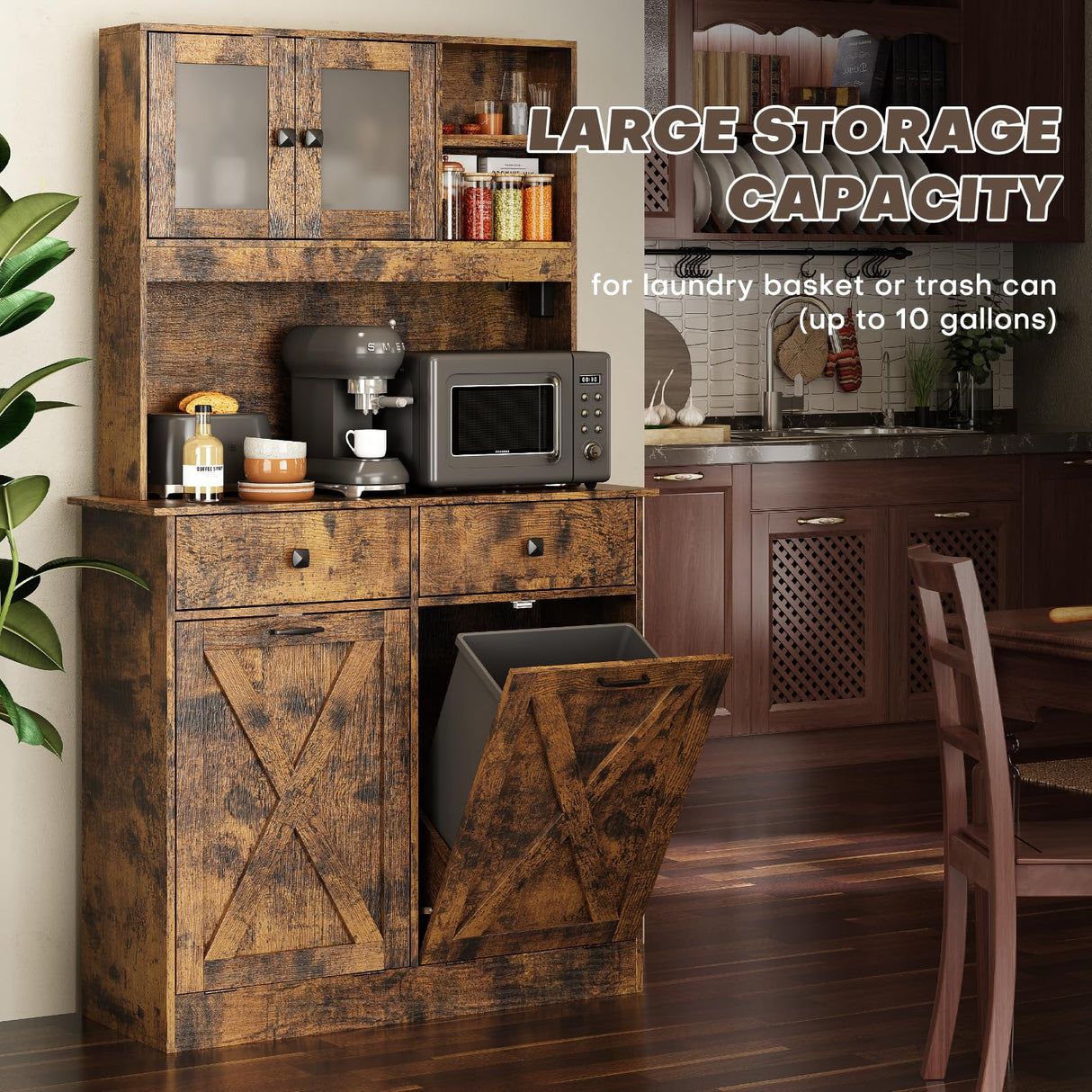 Redlife Double Tilt Out Trash Cabinet with Storage, 20 Gallon Double Tilt Out Laundry Hamper Cabinet, 67" Dual Hidden Garbage Cabinet Two Drawers, Kitchen Cabinet with Trash Can Storage (Rustic Brown) Redlifeᅟᅠ