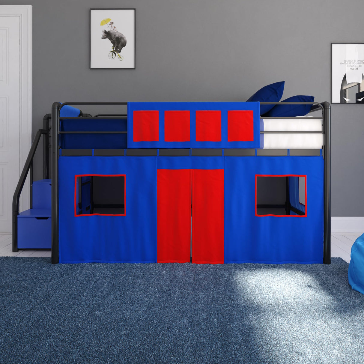 DHP Curtain Set for Kid's Loft Bed, Washable and Removable, Blue and Red DHP