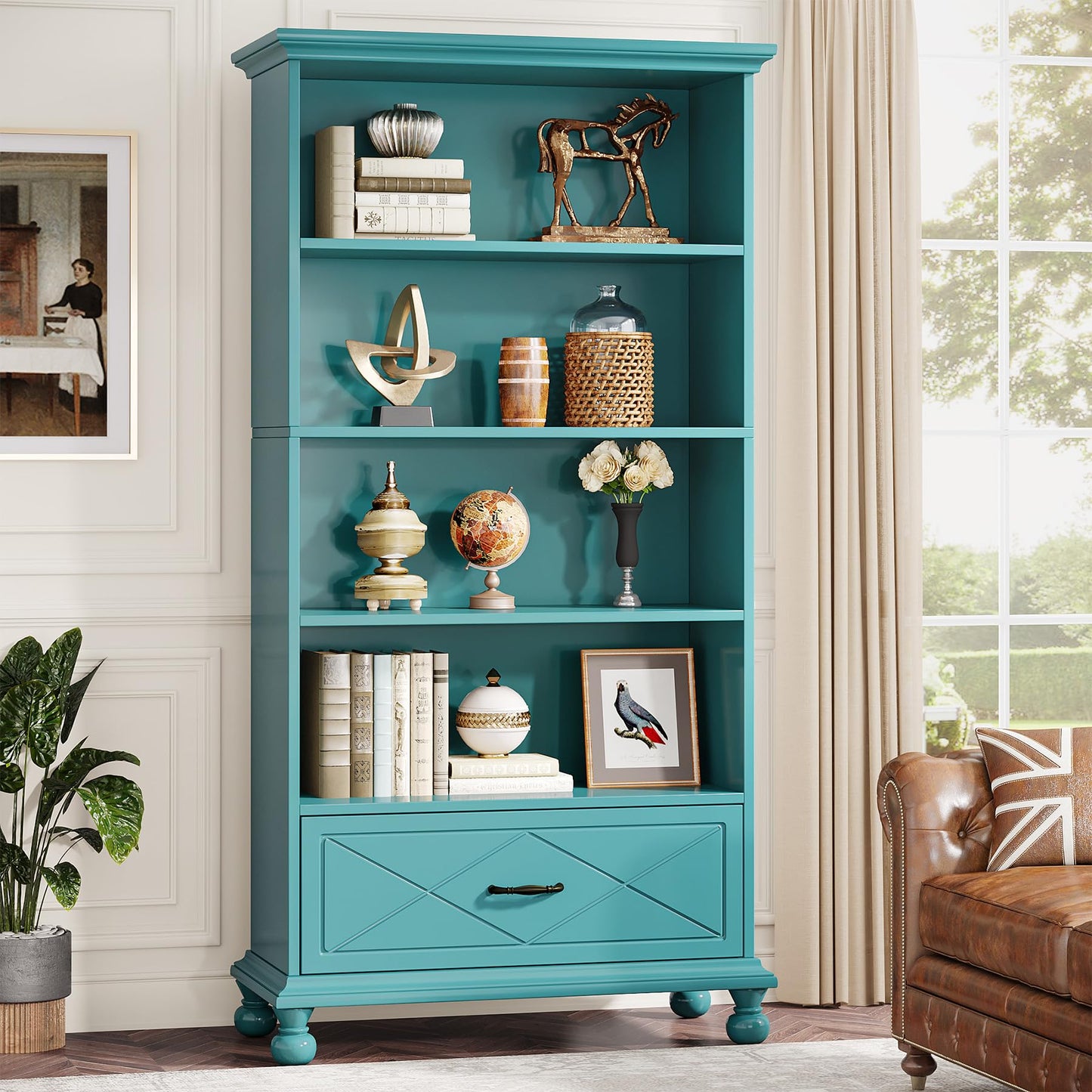 Tribesigns Ocean Blue 6-Shelf Bookcase with Drawer - Stylish Floor Standing Bookshelf with Solid Wood Legs - WoodArtSupply