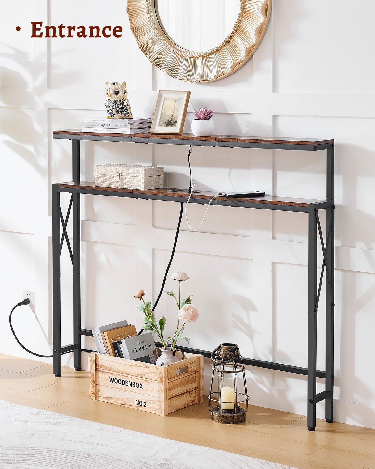 FAVOOSTY 5.9" Narrow Console Table with Led 46.8" Industrial Entryway Table with Storage Shelves, Thin Sofa Table for Living Room, Hallway, Entry Way, Foyer, Kitchen, Rustic Brown&Black FAVOOSTY