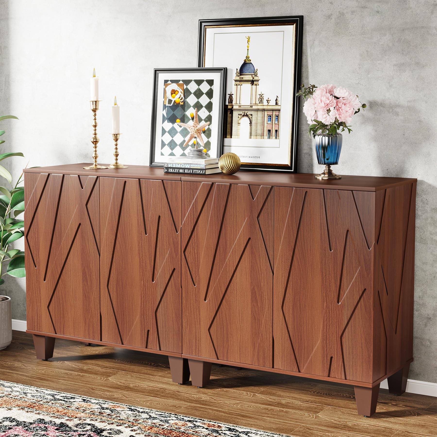 Tribesigns Sideboard Buffet Storage Cabinet Set of 2, Retro Kitchen Sideboard Cabinet with Adjustable Shelves 55" Accent Cabinet with Doors for Living Room, Walnut (Walnut) - WoodArtSupply