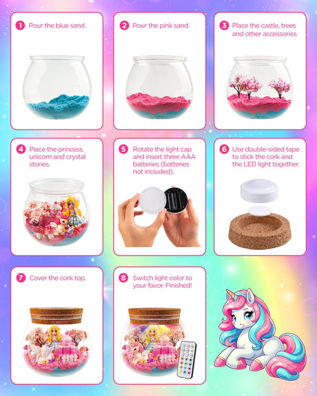 D-FantiX Unicorn Princess Toys Terrarium Kit for Kids, Led Night Light Birthday for Little Girls, DIY Arts and Crafts Science Kit for Kids Age 3 4 5 6 7 8-12 Year Old D-FantiX