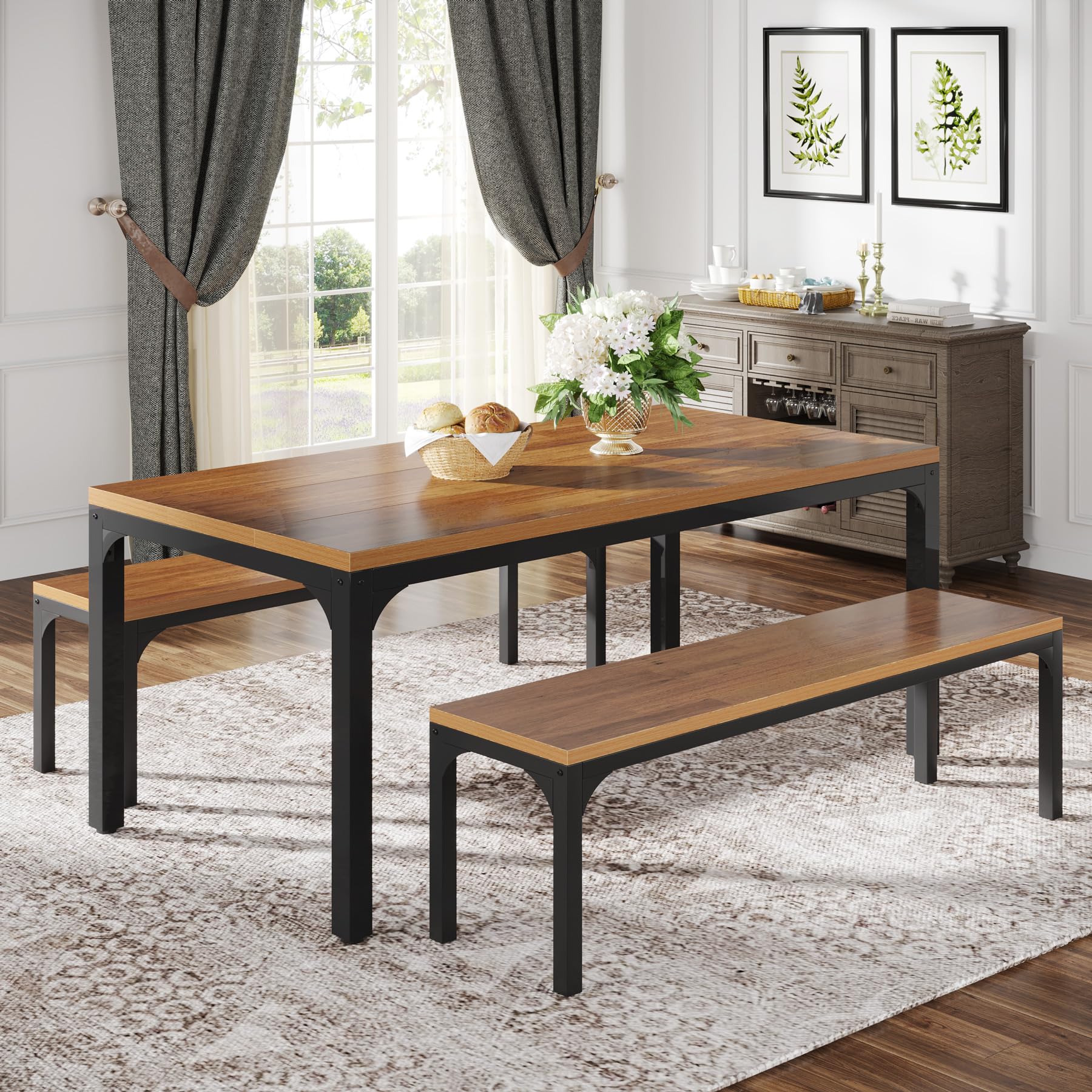 Tribeigns Dining Table Set for 6 People, 3 Pieces Rectangular Kitchen Table with 2 Benches, 55 Inches Large Wooden Kitchen Table Set for Small Space, Apartment, Dining Room, Kitchen, Easy Ass - WoodArtSupply