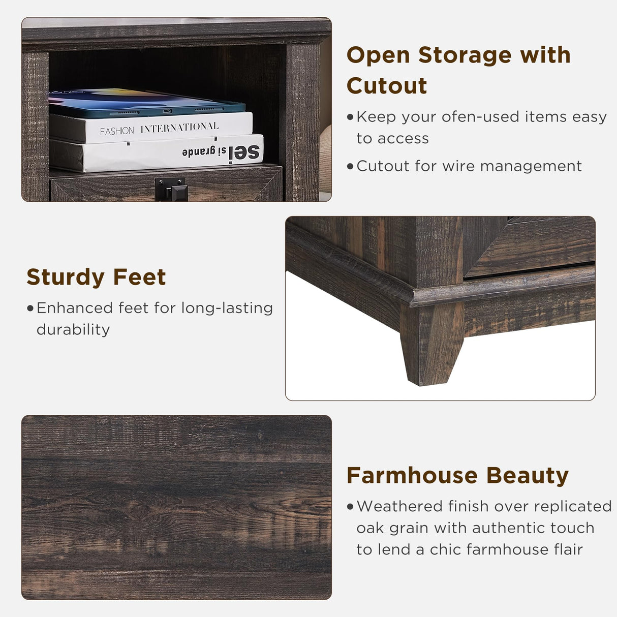 T4TREAM Farmhouse Nightstand with Charging Station, 18'' Wood End Table with 2 Drawers & Metal Mesh Decor, Rustic Side Table Storage Cabinet for Bedroom, Living Room, Dark Rustic Oak T4TREAM