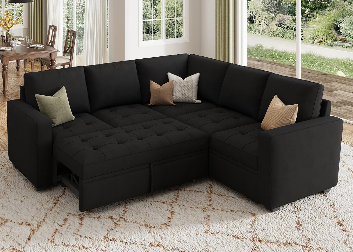 HONBAY Modular Sectional Sleeper Sofa with Pull Out Bed, Velvet Convertible L Shaped Couch with Storage Seat, Sectional Couches for Living Room, Black HONBAY