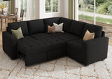 HONBAY Modular Sectional Sleeper Sofa with Pull Out Bed, Velvet Convertible L Shaped Couch with Storage Seat, Sectional Couches for Living Room, Black HONBAY
