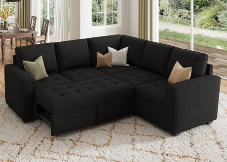 HONBAY Modular Sectional Sleeper Sofa with Pull Out Bed, Velvet Convertible L Shaped Couch with Storage Seat, Sectional Couches for Living Room, Black HONBAY