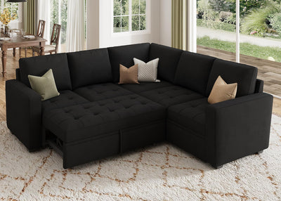 HONBAY Modular Sectional Sleeper Sofa with Pull Out Bed, Velvet Convertible L Shaped Couch with Storage Seat, Sectional Couches for Living Room, Black