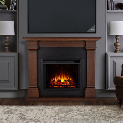 Real Flame Callaway 63" Grand Electric Fireplace with Mantel in Chestnut Oak, Free-Standing Oversized Indoor Electric Fireplace with Mantel, Adjustable Thermostat, Automatic Safety Shut-Off.