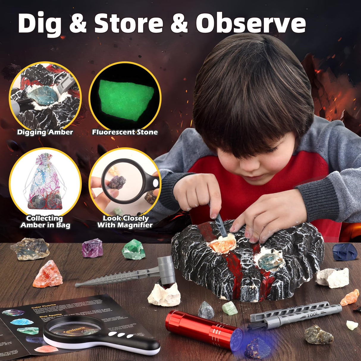 Woumserta Volcano Dig Kit - 10 Rocks Excavation Kit, Gemstone Rocks for Kids, Fossil Volcano Toys Dig Kits for Rocks Collection, Volcano Toys for Boys Girls and up Year Old Birthday Gifts Woumserta