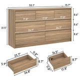 Farmhouse Malm Dresser for Bedroom, 55 Inch Long Dresser with 7 Drawers, Modern Large Wood Chest of Drawer Handle Free, Dresser for Kids Bedroom, Living Room, Entryway, Hallway, Oak jiteentarou
