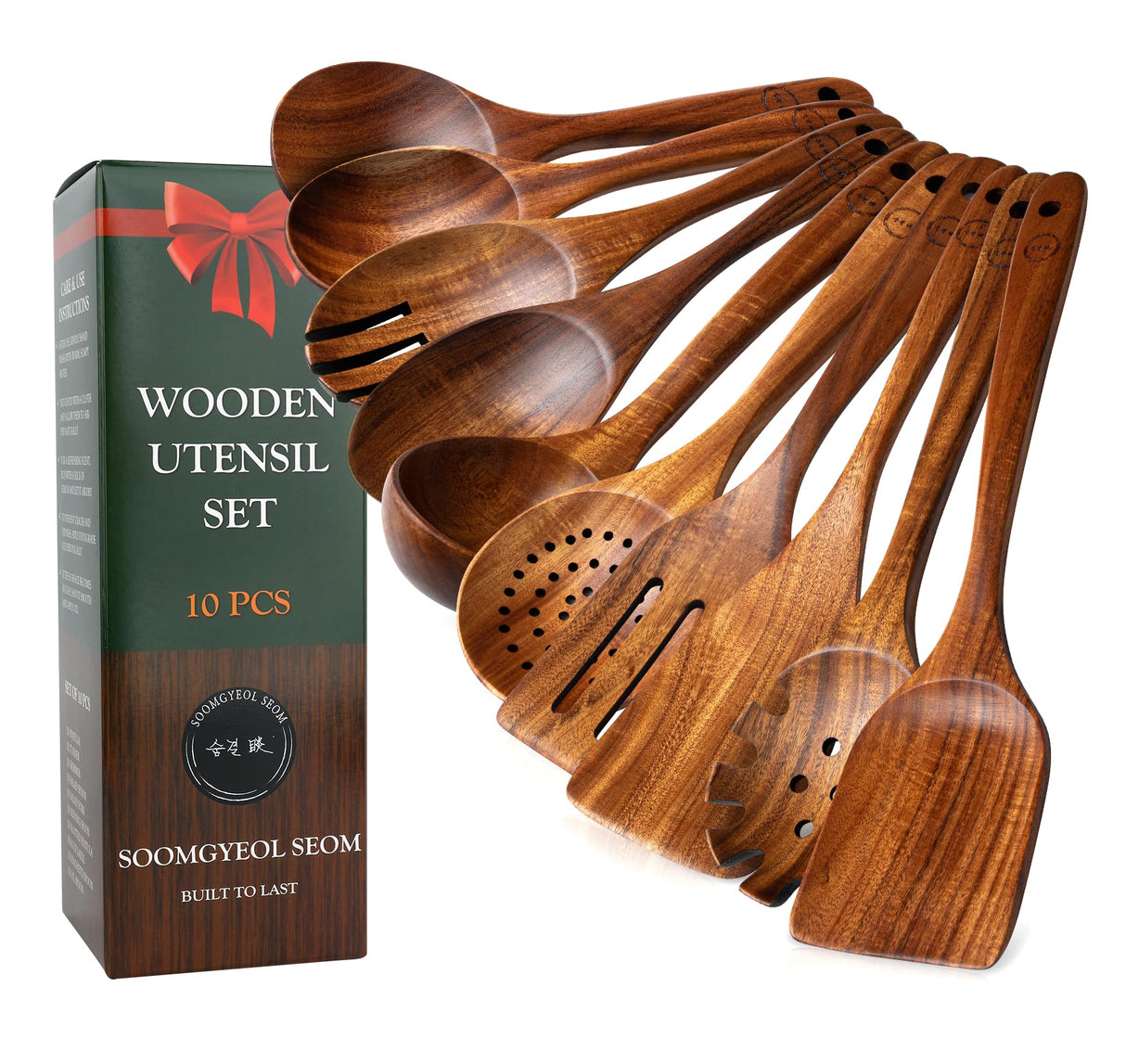 Wooden Spoons for Cooking - 10 Pcs Teak Wood Cookware Utensil Set with Smooth Finish - Non-Stick, Comfortable Grip - Durable, Heat Resistant Kitchen Utensils SOOMGYEOL SEOM