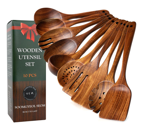 Wooden Spoons for Cooking - 10 Pcs Teak Wood Cookware Utensil Set with Smooth Finish - Non-Stick, Comfortable Grip - Durable, Heat Resistant Kitchen Utensils SOOMGYEOL SEOM