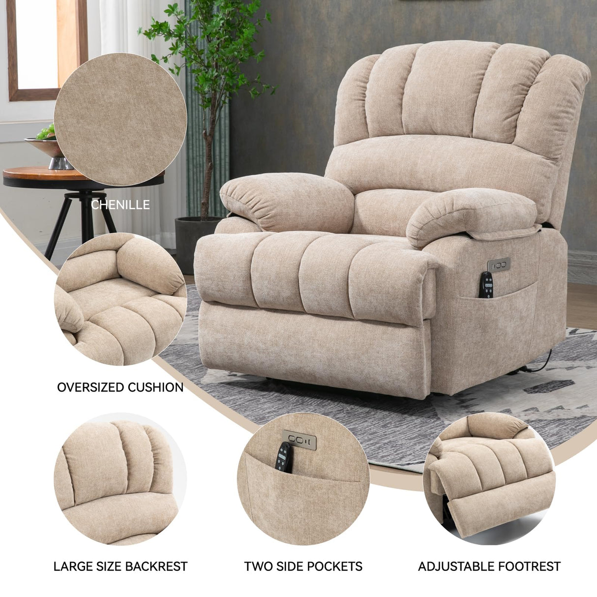 Large Power Lift Recliner Chair with Massage and Heat for Elderly, Ergonomic Backrest, Infinite Adjust, 2 Side Pockets,USB and Type-C Ports, Chenille Beige Luxlen