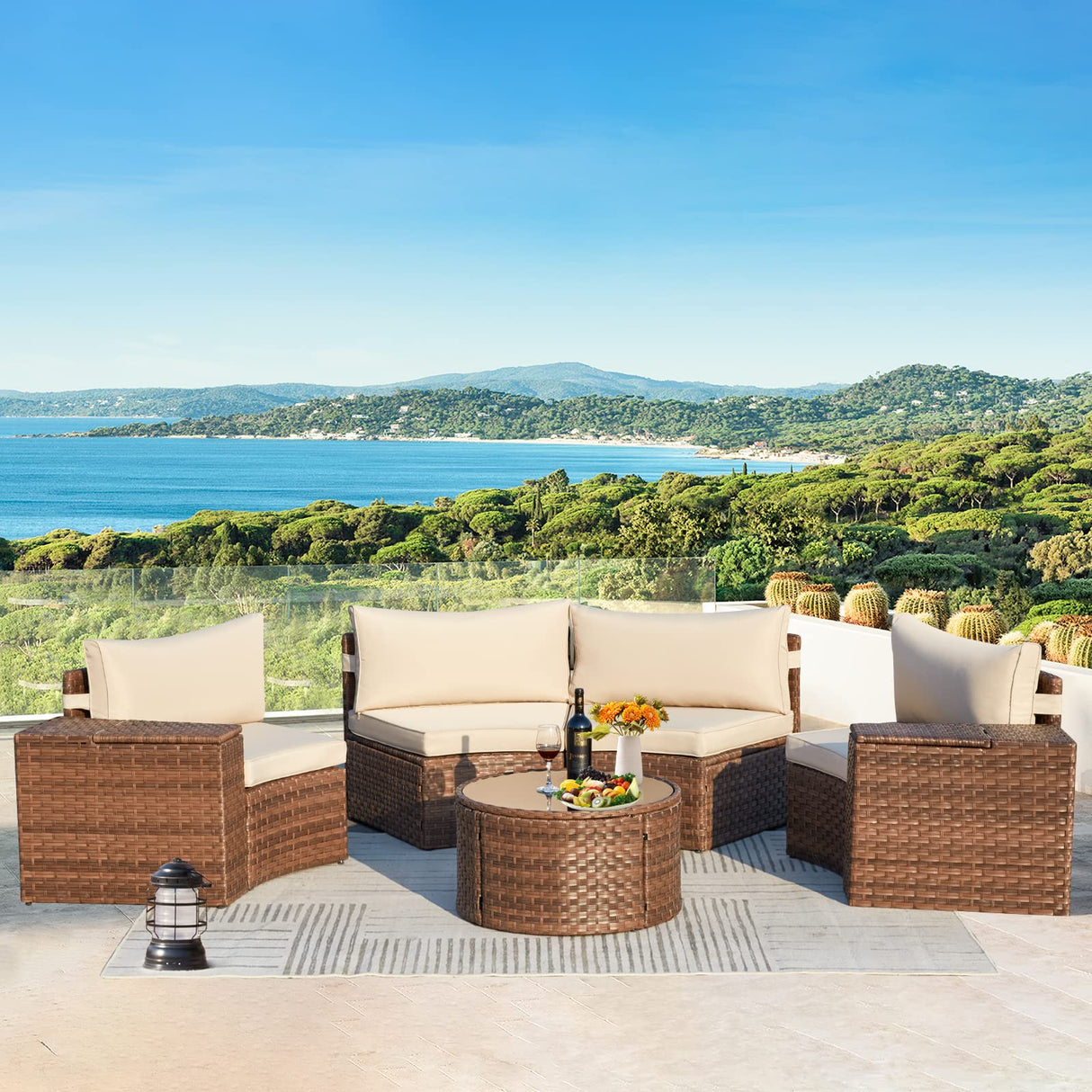 ECOTOUGE 7 Piece Patio Furniture Sets, Half-Moon Circle Conversation Set, Curved Wicker Outdoor Sectional with 2 Storage Armrests and Glass Coffee Table, Garden Balcony and Backyard (Beige) ECOTOUGE