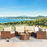 ECOTOUGE 7 Piece Patio Furniture Sets, Half-Moon Circle Conversation Set, Curved Wicker Outdoor Sectional with 2 Storage Armrests and Glass Coffee Table, Garden Balcony and Backyard (Beige) ECOTOUGE