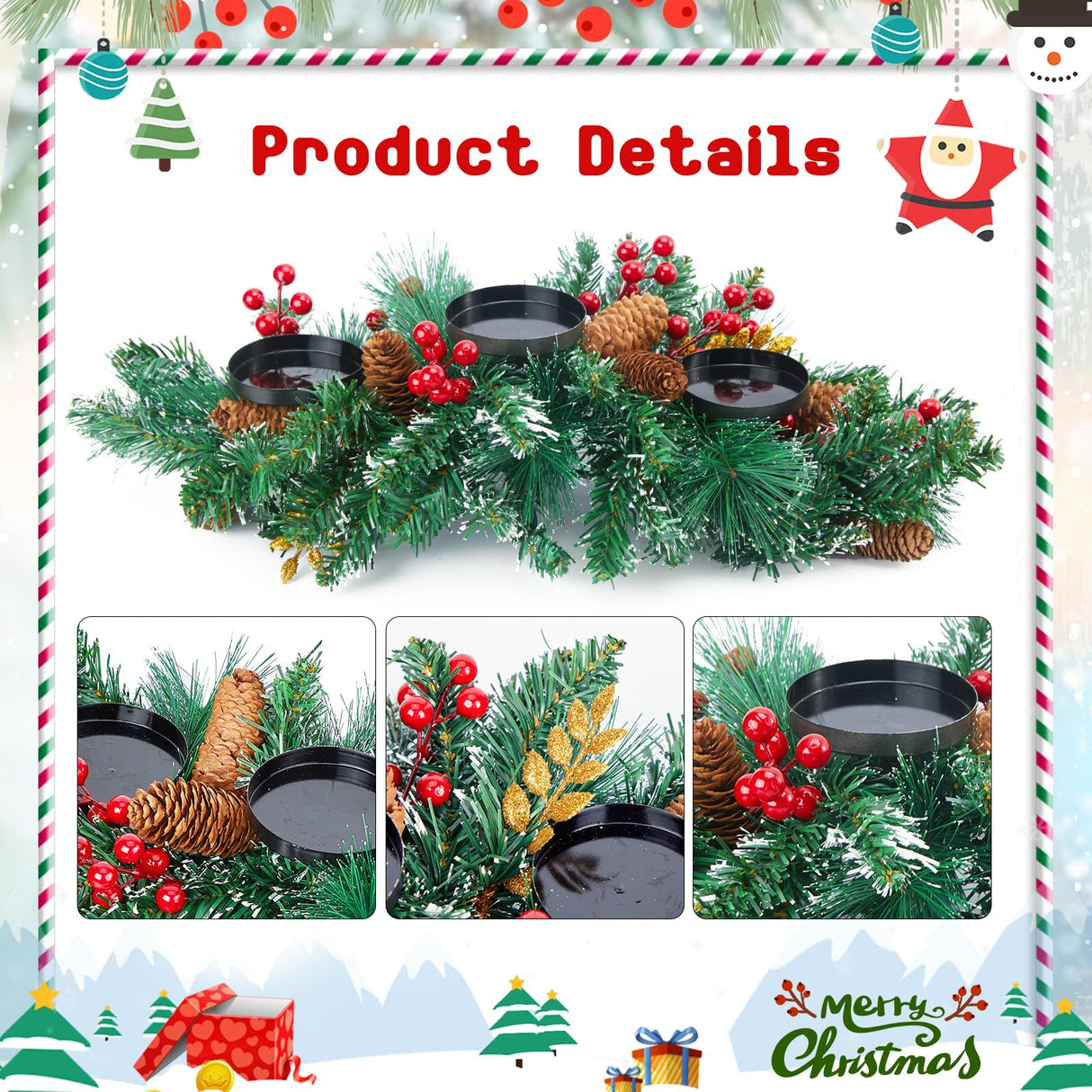 Brightown 20.5“ Iron Christmas Candle Holder, Pine Needles, Red Berries, Gold Balls and Golden Branches Tabletop Decoration with 3 Candle Holders for Christmas Home Decoration Brightown