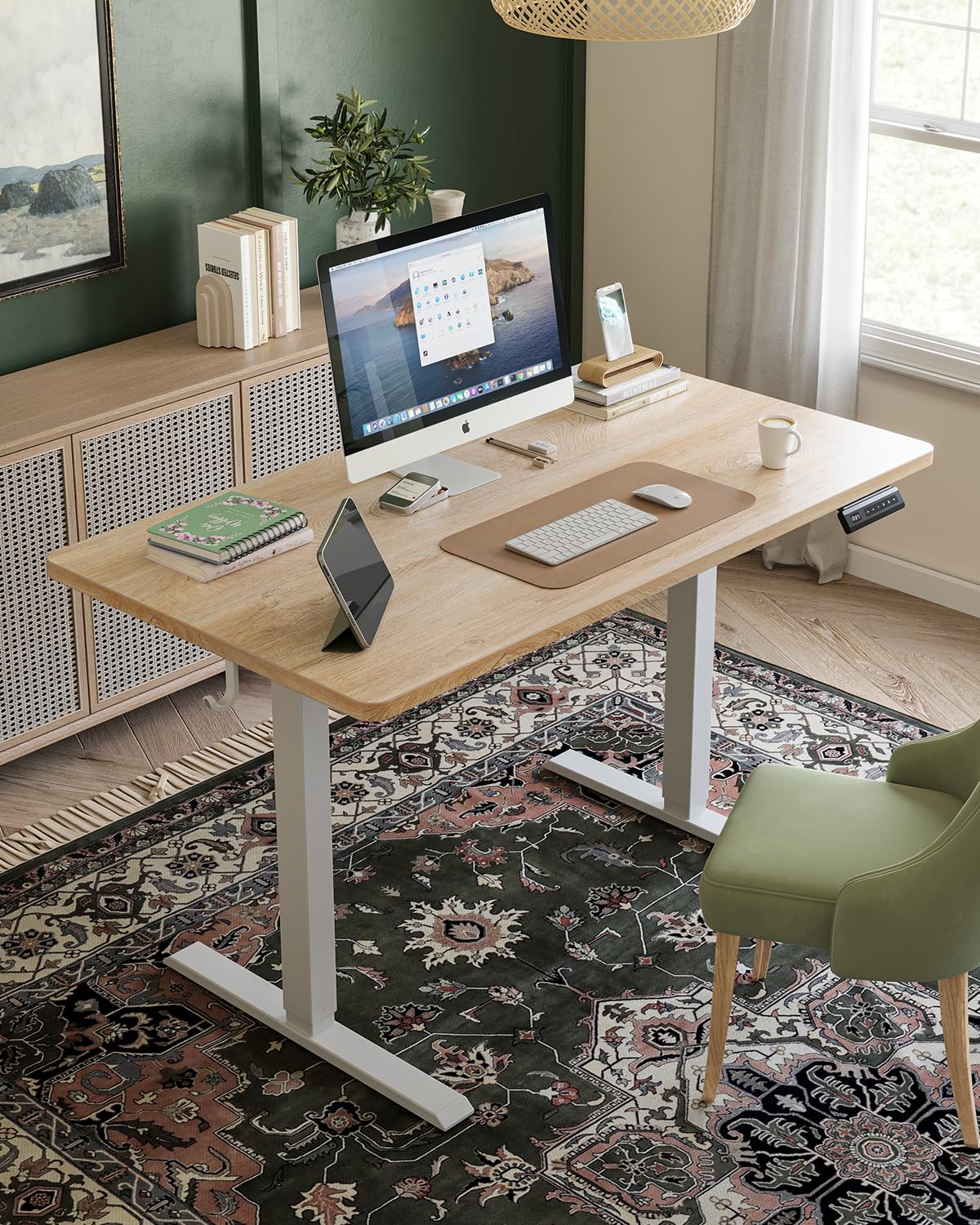 FEZIBO One-Piece Standing Desk Adjustable Height Stand up Home Office Desk, 48x24 Inch Electric Standing Computer Desk, with 4 Memory Presets, Headphone Hook, Maple FEZIBO