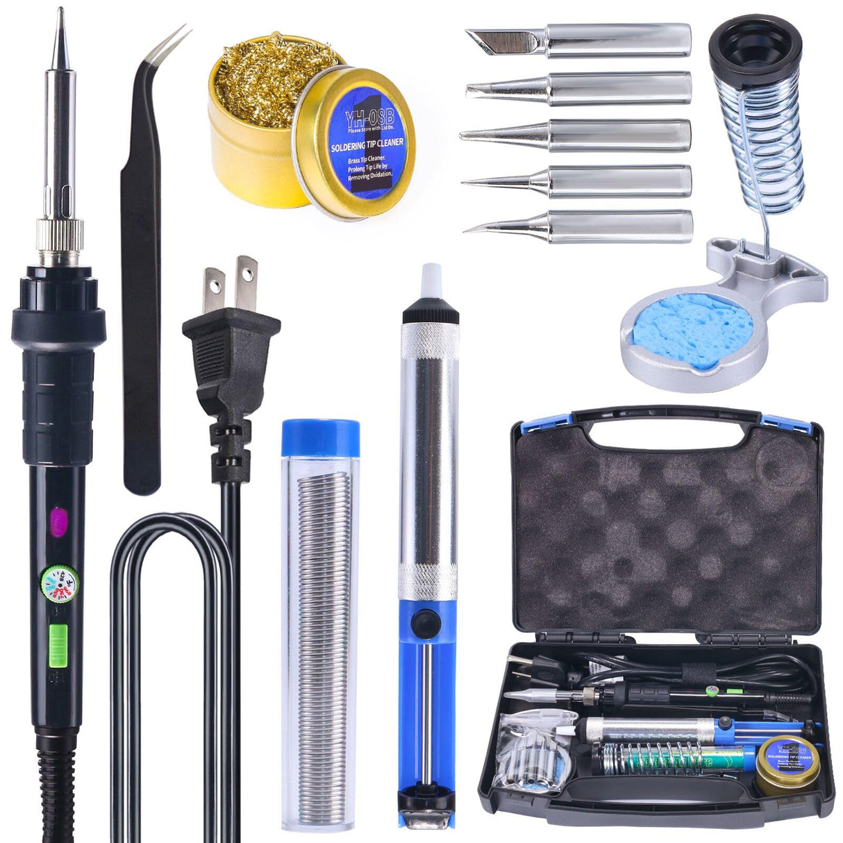 YIHUA 947-III 60W Soldering Iron Kit Adjustable Temperature with Sticky Holder, Tip Cleaner, Cleaning Sponge Power Switch, Operation Indicator, Portable Soldering Kit YIHUA