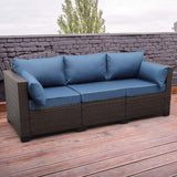 Rattaner 3-Seat Patio Wicker Sofa, Outdoor Rattan Couch Furniture Steel Frame with Furniture Cover and Deep Seat High Back, Blue Anti-Slip Cushion. Rattaner