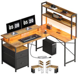 Maihail L Shaped Desk with Shelves,Reversible Computer Desk with LED Lights and Charging Station,Home Office Corner Desk with Monitor Stand,Brown Maihail