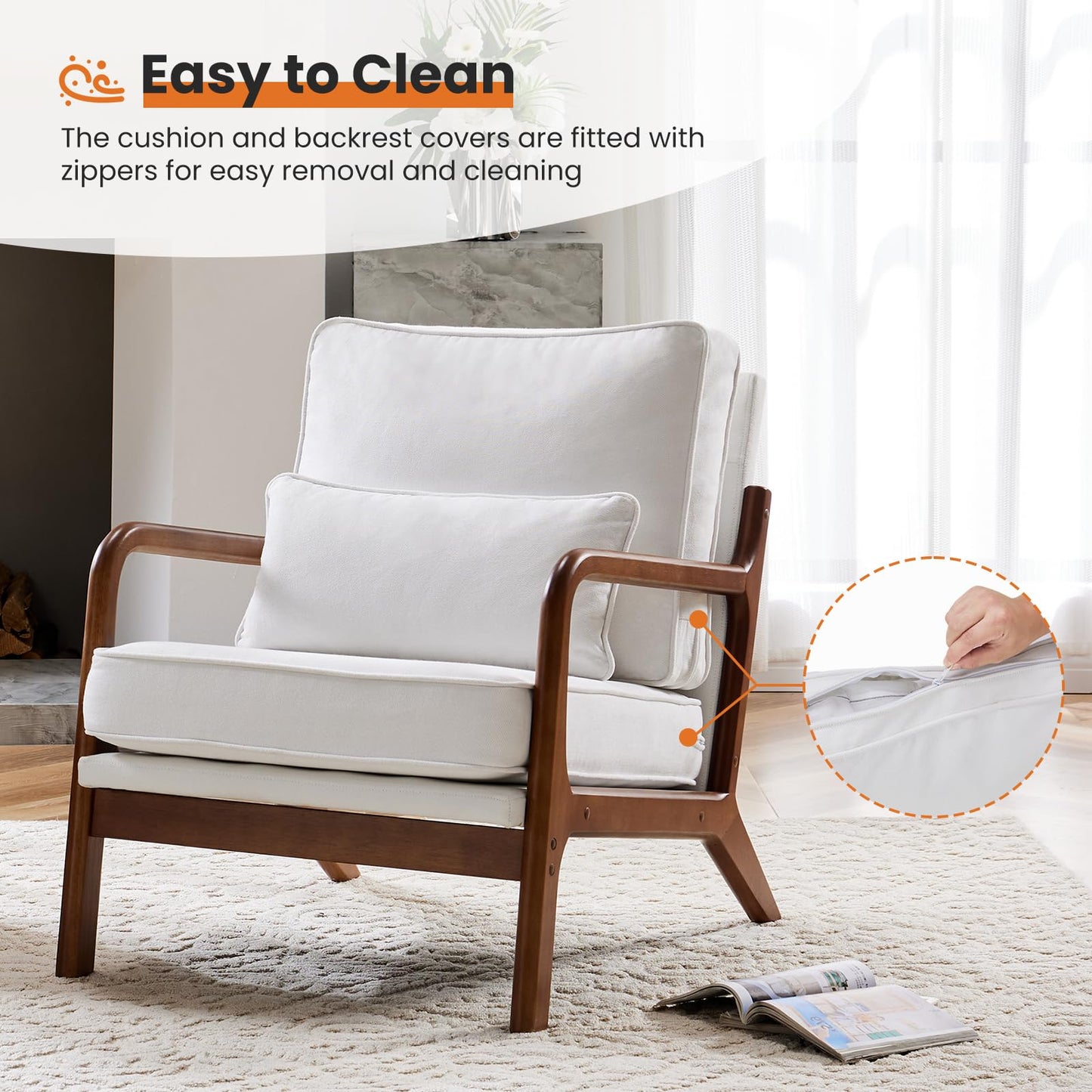 Sweetcrispy Modern Accent Mid Century Chair with Lumbar Pillow, Lounge Arm Chairs, Linen Fabric Comfy Reading Chair with Wood Frame for Living Room, Bedroom, Belcony, Beige