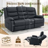 Korser Recliner Sofa, Reclining Loveseat with Console, Oversized Reclining Couch with Drop Down Table, 3-Seater Leather Sofa with Cup Holder and Recessed Power Strip, Black Korser