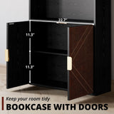 IRONCK Book Shelf and Bookcase with Leather Doors, 70" Tall Bookshelf, 6 Tier Display Case Floor Standing for Home Office, Living Room, Black IRONCK