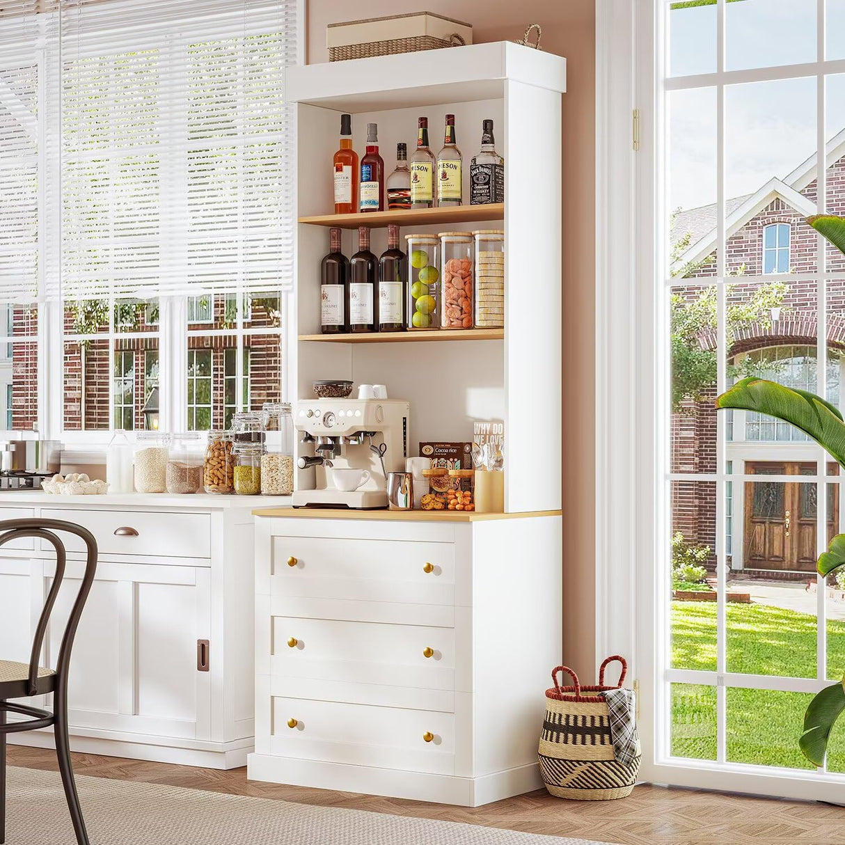 71" Tall Farmhouse Kitchen Pantry, Large Storage Cabinet with Glass Doors, Freestanding Coffee Bar Hutch with Microwave Stand, Adjustable Shelves for Kitchen, Living Room, Set of 3, White ivaniti