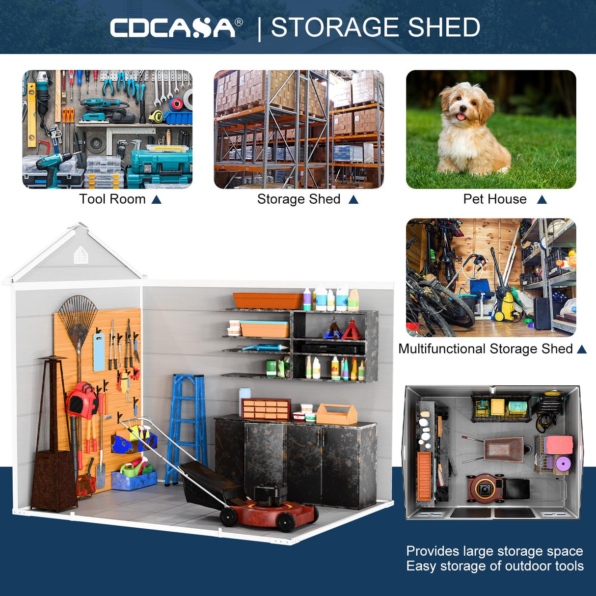 CDCASA 8x6X7 FT Resin Shed, Waterproof Large Outdoor Storage Shed with Floor & Lockable Door & 2 Windows, Plastic Tool Shed for Outside, Backyard, Patio, Poolside, Bike, Grey CDCASA