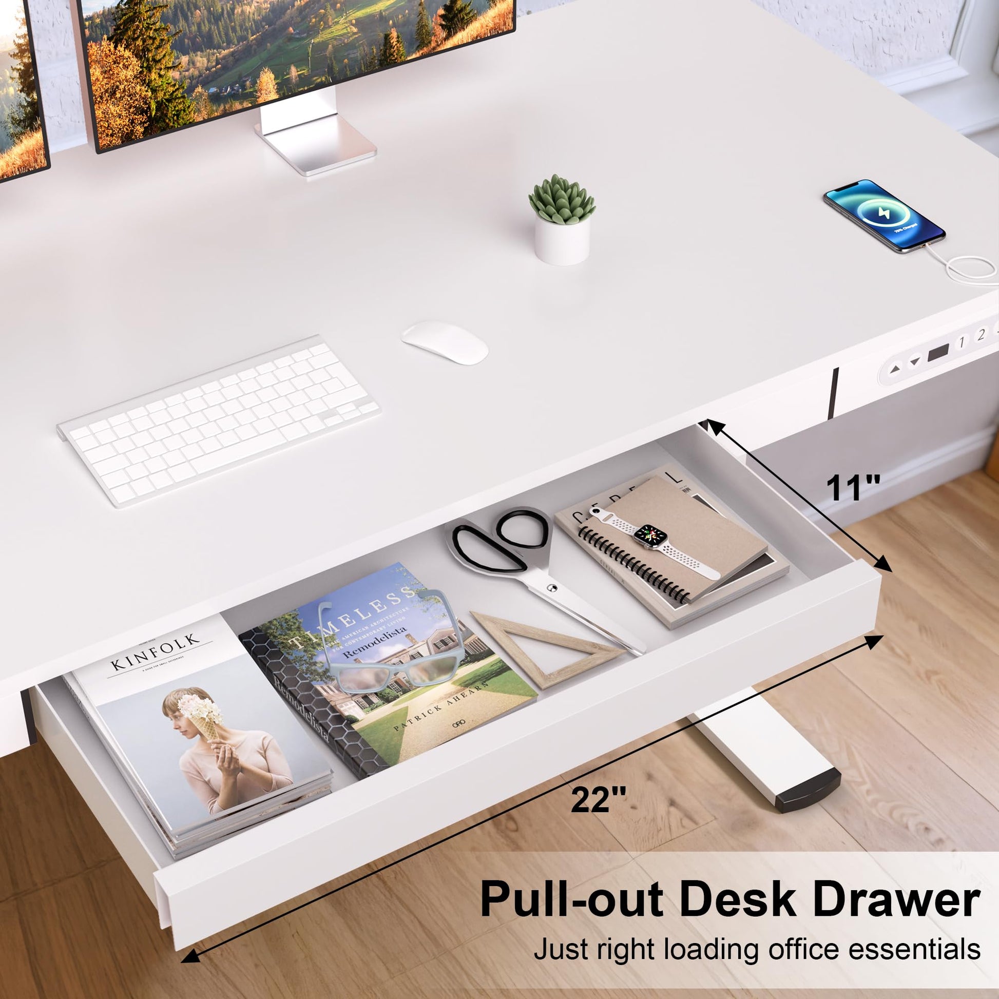 Furmax Electric Standing Desk with Drawer 55 x 24 Inch Adjustable Height Stand up Desk Home Office Computer Desk with USB Ports, White - WoodArtSupply